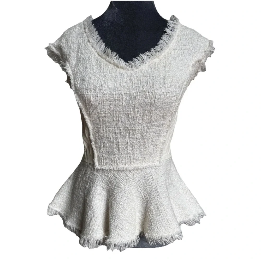 Rebecca Taylor Blouse 4 Tweed Leather‎ Peplum Coquette Old Money Luxury $350 - Picture 7 of 16